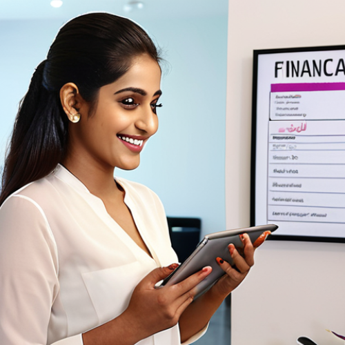 Home 4 **
A young, stylish South Asian woman working as a beauty consultant, smiling confidently while advising a client. She's holding a budget planner or a tablet displaying financial charts. Background is a modern beauty salon with Urdu script subtly incorporated into the decor. Focus on empowering financial independence.
**