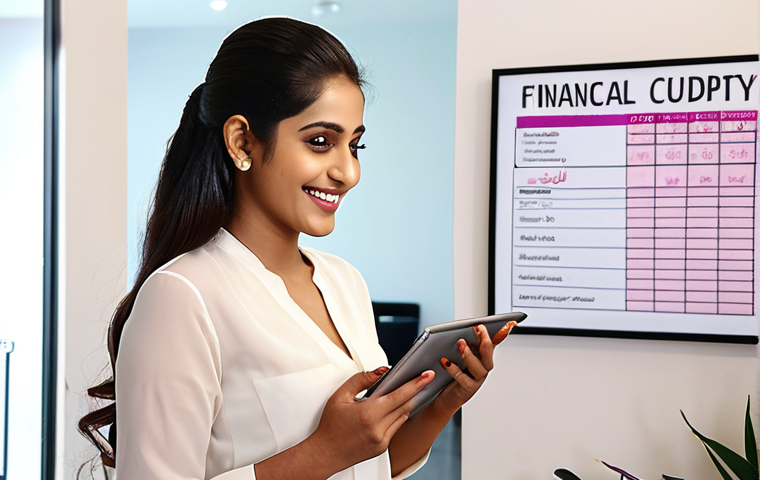 **
A young, stylish South Asian woman working as a beauty consultant, smiling confidently while advising a client. She's holding a budget planner or a tablet displaying financial charts. Background is a modern beauty salon with Urdu script subtly incorporated into the decor. Focus on empowering financial independence.
**